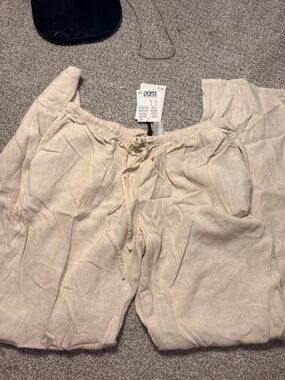 H&M Beige Drawstring Linen-Blend Pants